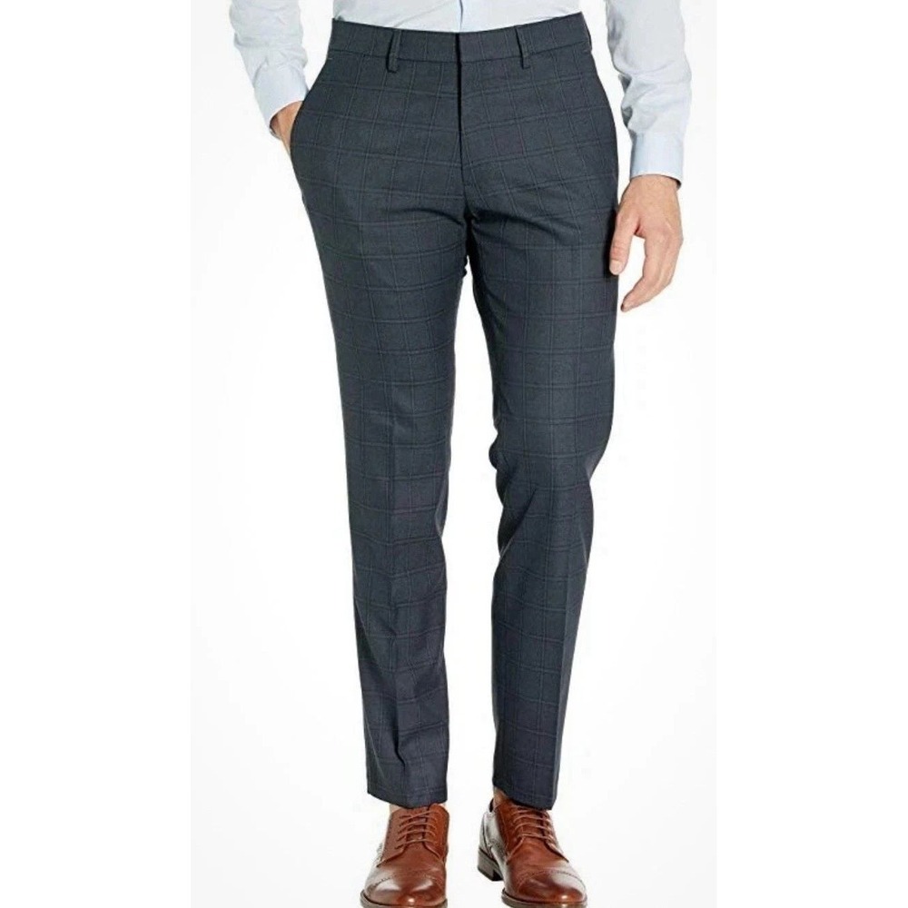 Kenneth Cole Reaction Stretch Slim Fit 31x30 Men's Windowpane Pants Charcoal Hth
